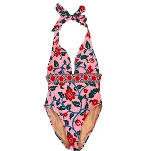 J.Crew Halter One-Piece Swimsuit Pink Floral Block Plunging Neckline Sz 2